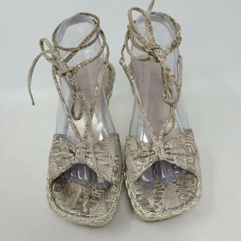 Stuart Weitzman Gold Snake Espadrille Wedge Heel Women's 8 Leg Tie Lace Up Shoes